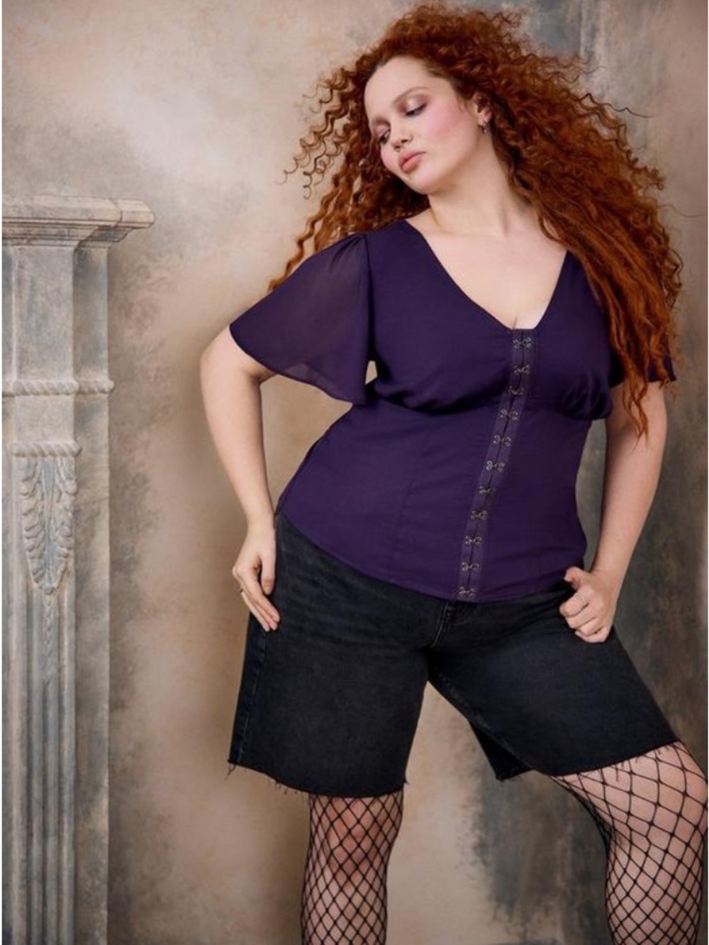 Torrid Nightfall Flutter Sleeve Corset Top Size 00 Blackberry Cordial Purple NWT - Picture 8 of 11